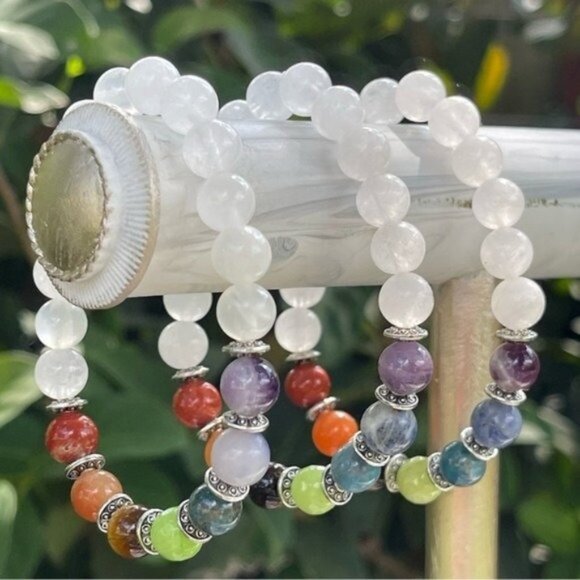 8mm 7 Chakra Selenite Stretch Bead Bracelet - Picture 1 of 4